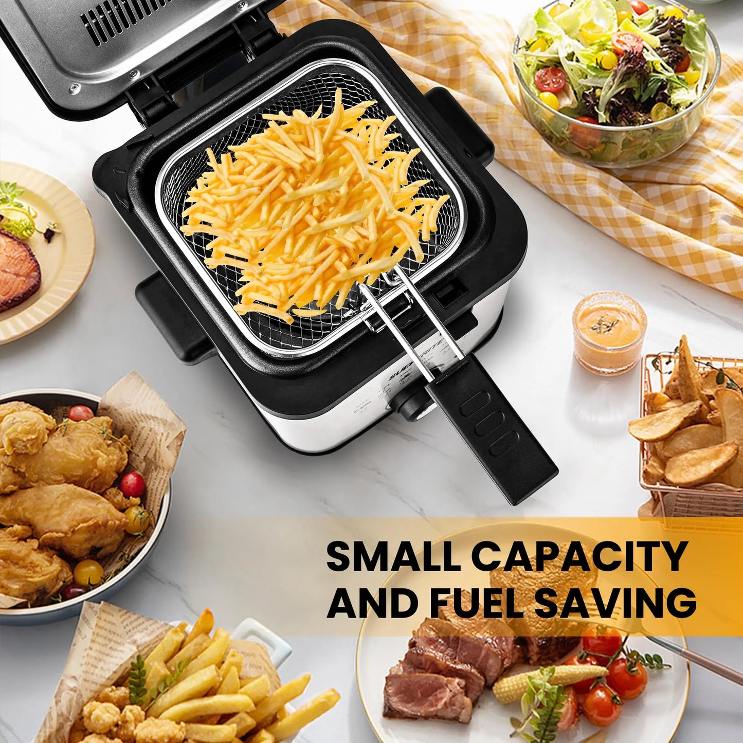 2.6QT Electric Deep Fryer 1500W with Basket Temperature Control Removable Lid Nonstick Inner Pot Easy to Clean