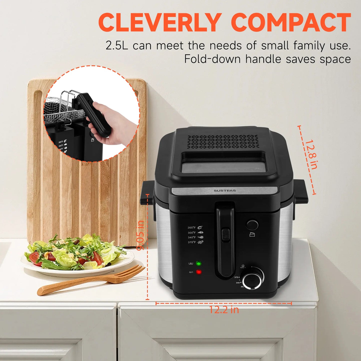 2.6QT Electric Deep Fryer 1500W with Basket Temperature Control Removable Lid Nonstick Inner Pot Easy to Clean