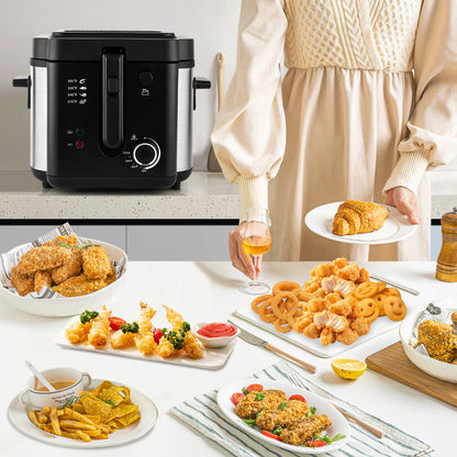 2.6QT Electric Deep Fryer 1500W with Basket Temperature Control Removable Lid Nonstick Inner Pot Easy to Clean