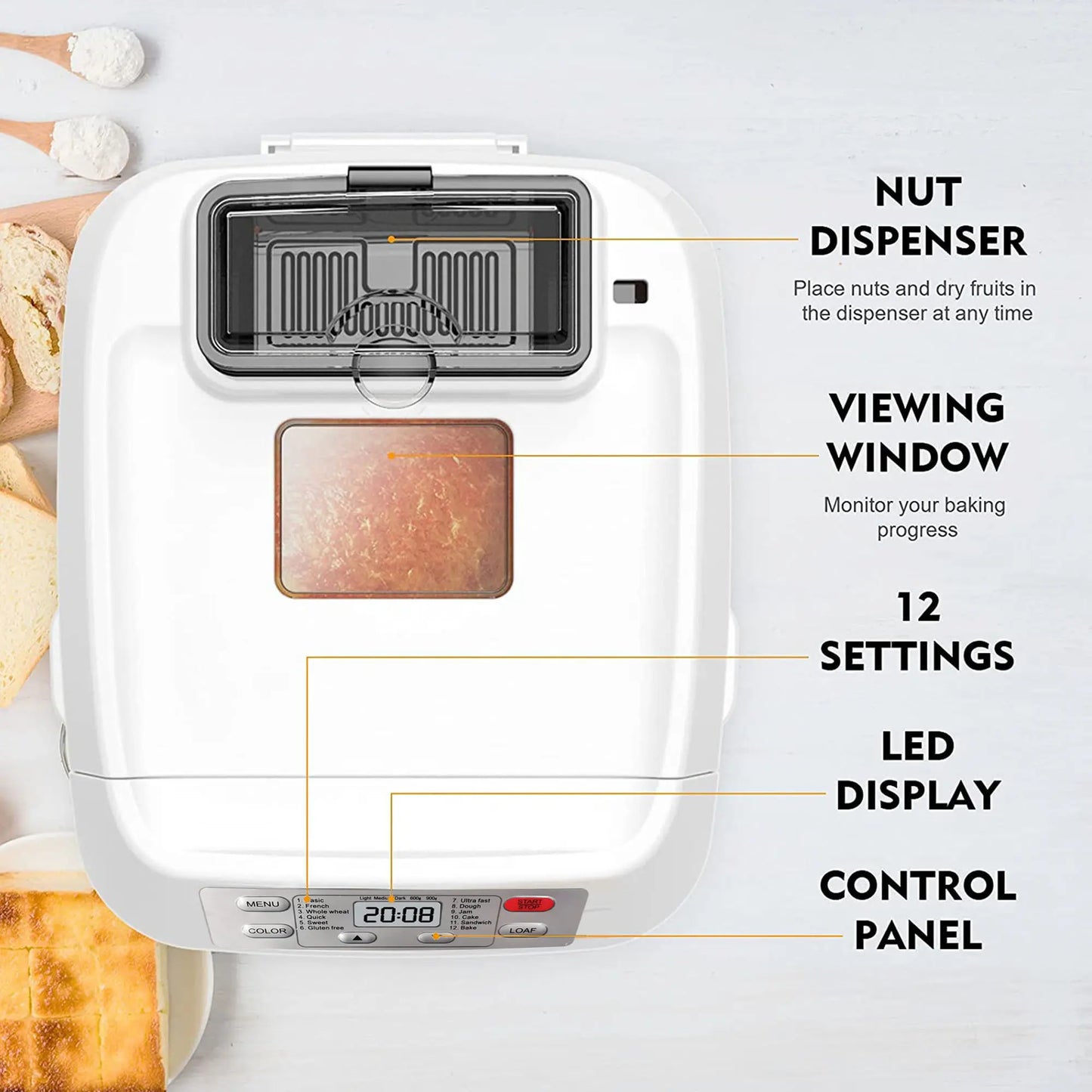 Automatic Bread Maker 2LB 12 in 1 Bread Machine with Fruit Nut Dispenser Timer Keep Warm Gluten Free